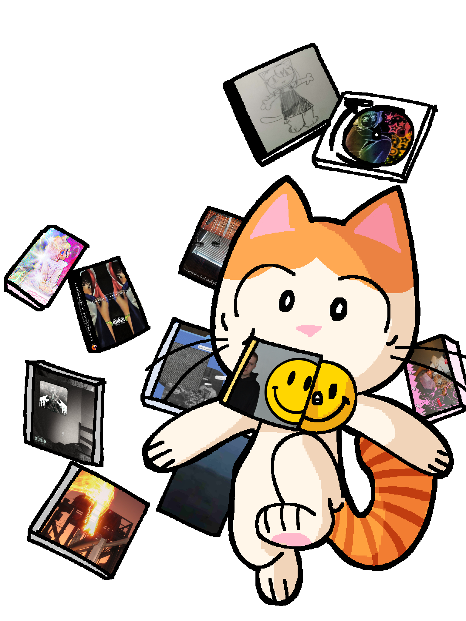 Cat with vinyl records and albums